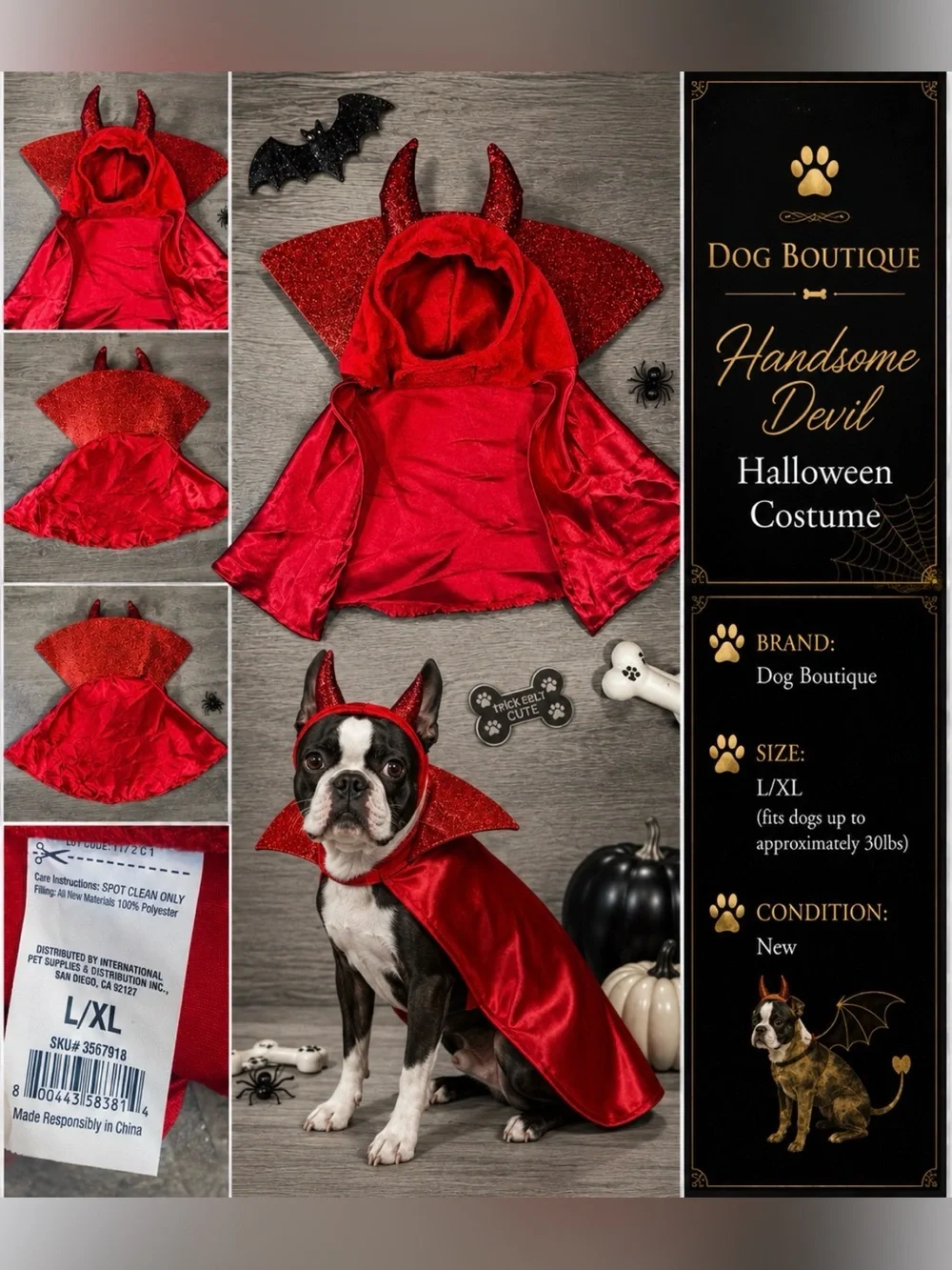 “Handsome Devil” Dog Halloween Costume w/ Cape + Glitter Horn Hood | Size: L/XL